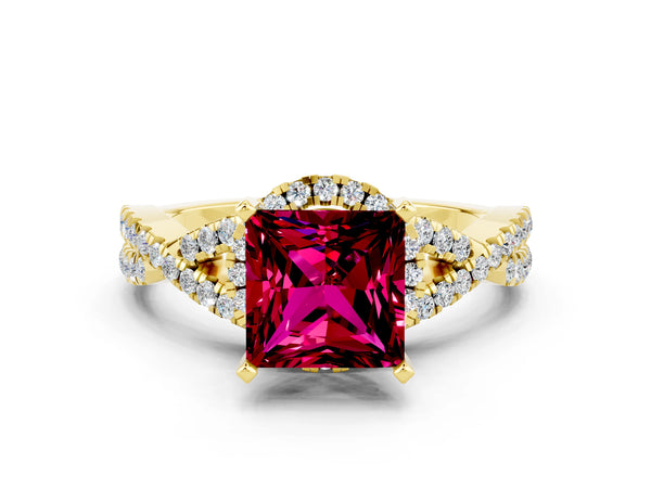 Yellow gold Princess Cut Garnet  Halo Twist Band Solitaire Prong Setting Ring