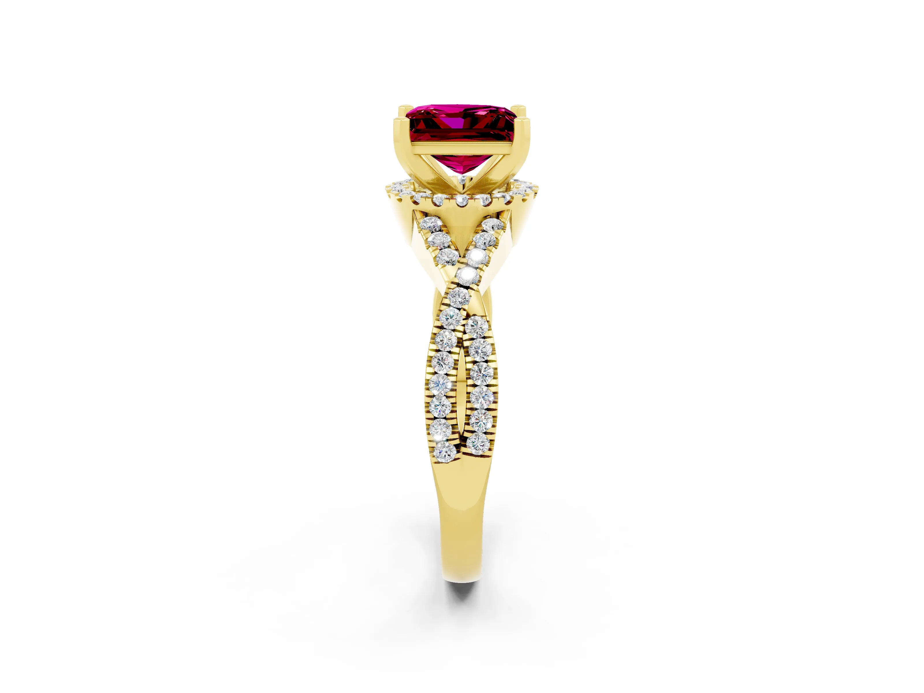 Yellow gold Princess Cut Garnet Halo Twist Band Solitaire Prong Setting Ring_2