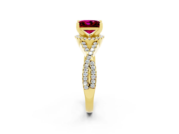 Yellow gold Princess Cut Garnet  Halo Twist Band Solitaire Prong Setting Ring