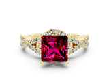 Yellow gold Princess Cut Garnet  Halo Twist Band Solitaire Prong Setting Ring_24