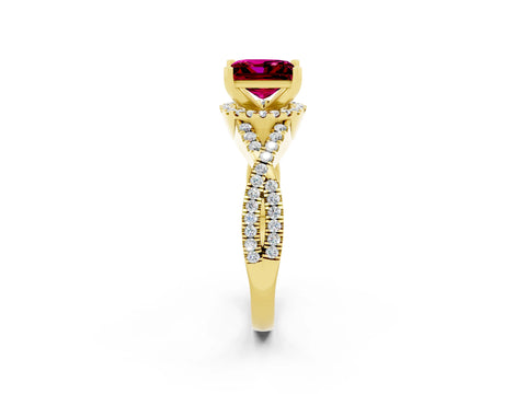 Yellow gold Princess Cut Garnet Halo Twist Band Solitaire Prong Setting Ring_2
