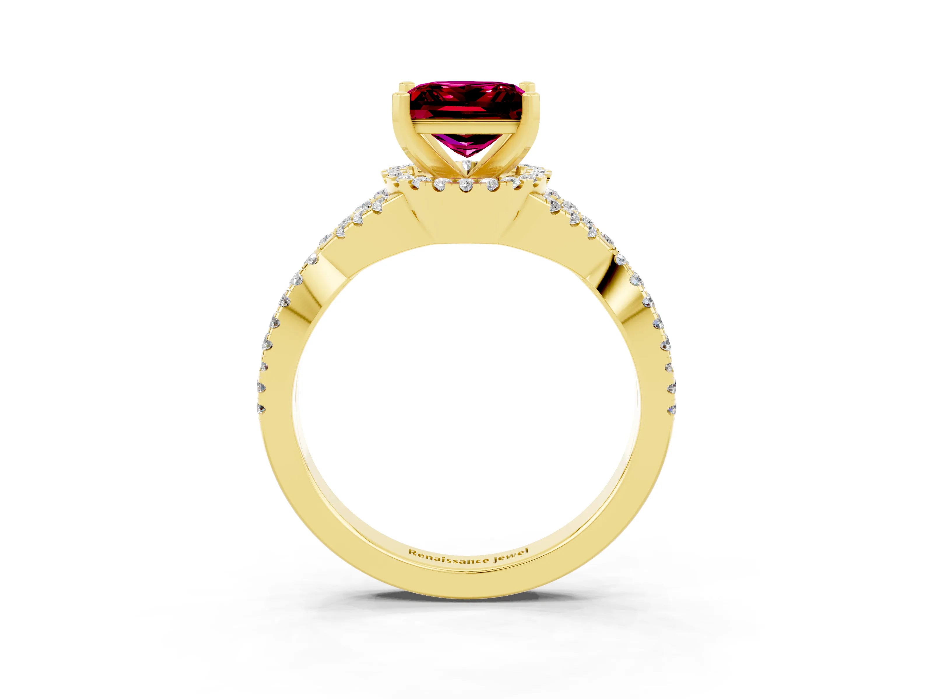 Yellow gold Princess Cut Garnet Halo Twist Band Solitaire Prong Setting Ring_3