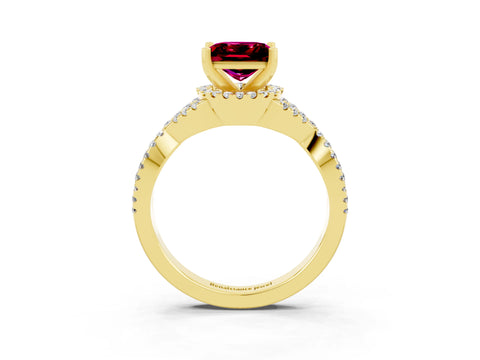 Yellow gold Princess Cut Garnet Halo Twist Band Solitaire Prong Setting Ring_3