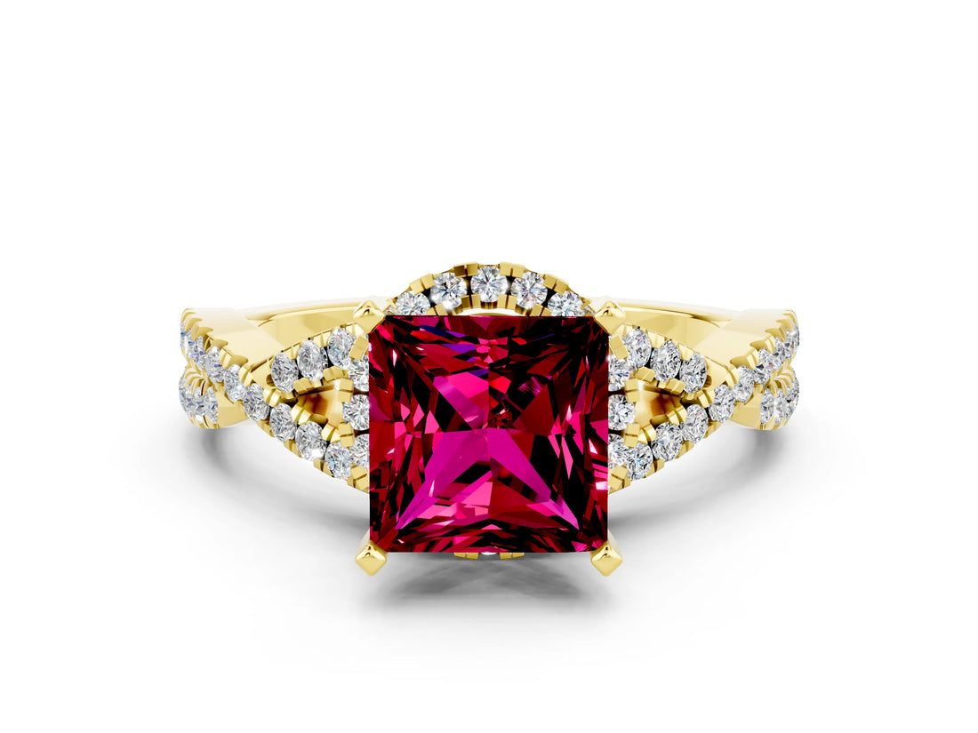 Yellow gold Princess Cut Garnet  Halo Twist Band Solitaire Prong Setting Ring_42