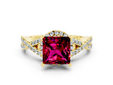 Yellow gold Princess Cut Garnet  Halo Twist Band Solitaire Prong Setting Ring_42