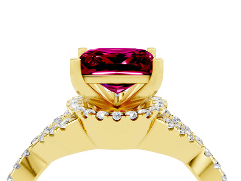 Yellow gold Princess Cut Garnet Halo Twist Band Solitaire Prong Setting Ring_4