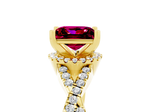 Yellow gold Princess Cut Garnet Halo Twist Band Solitaire Prong Setting Ring_5