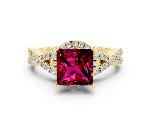 Yellow gold Princess Cut Garnet Halo Twist Band Solitaire Prong Setting Ring