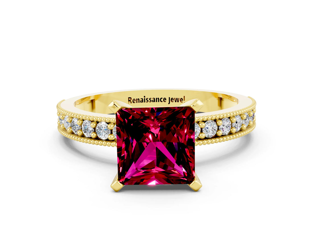 Yellow gold Princess Cut Garnet Milgrain Pavé Engagement Ring with Four-Prong Setting_12