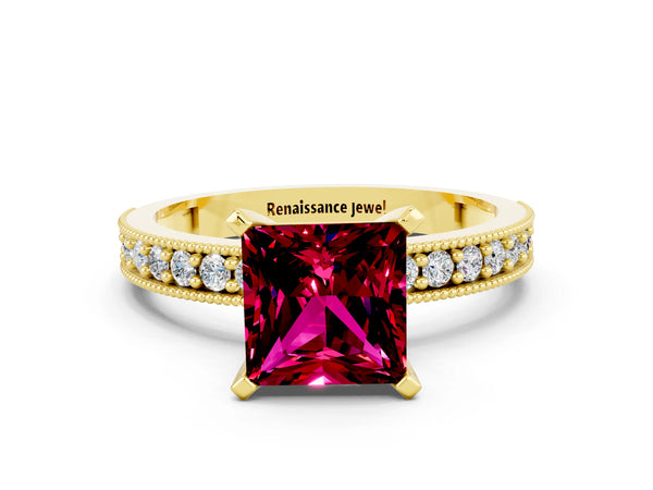 Yellow gold Princess Cut Garnet Milgrain Pavé Engagement Ring with Four-Prong Setting