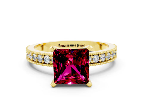 Yellow gold Princess Cut Garnet Milgrain Pavé Engagement Ring with Four-Prong Setting_12