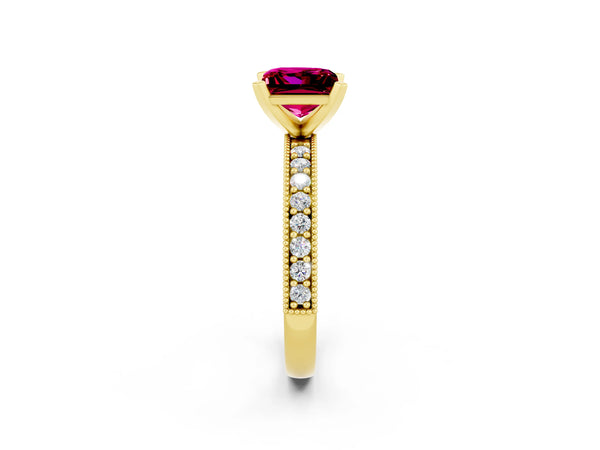 Yellow gold Princess Cut Garnet Milgrain Pavé Engagement Ring with Four-Prong Setting
