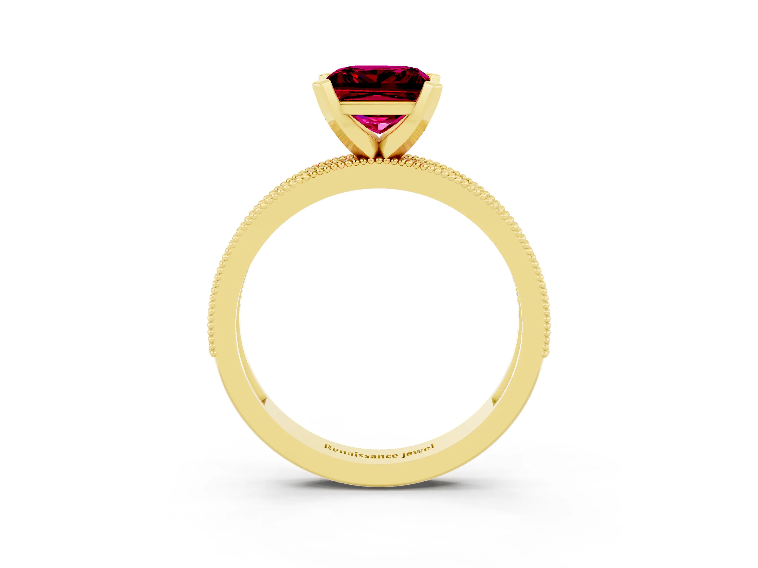 Yellow gold Princess Cut Garnet Milgrain Pavé Engagement Ring with Four-Prong Setting_15