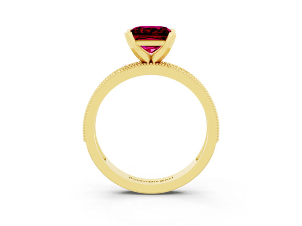 Yellow gold Princess Cut Garnet Milgrain Pavé Engagement Ring with Four-Prong Setting