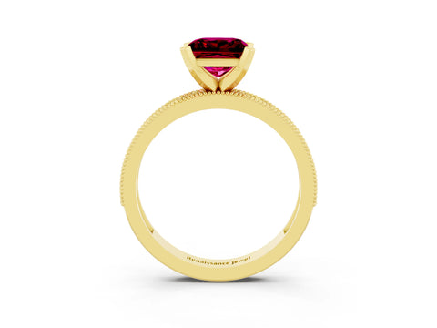 Yellow gold Princess Cut Garnet Milgrain Pavé Engagement Ring with Four-Prong Setting_15