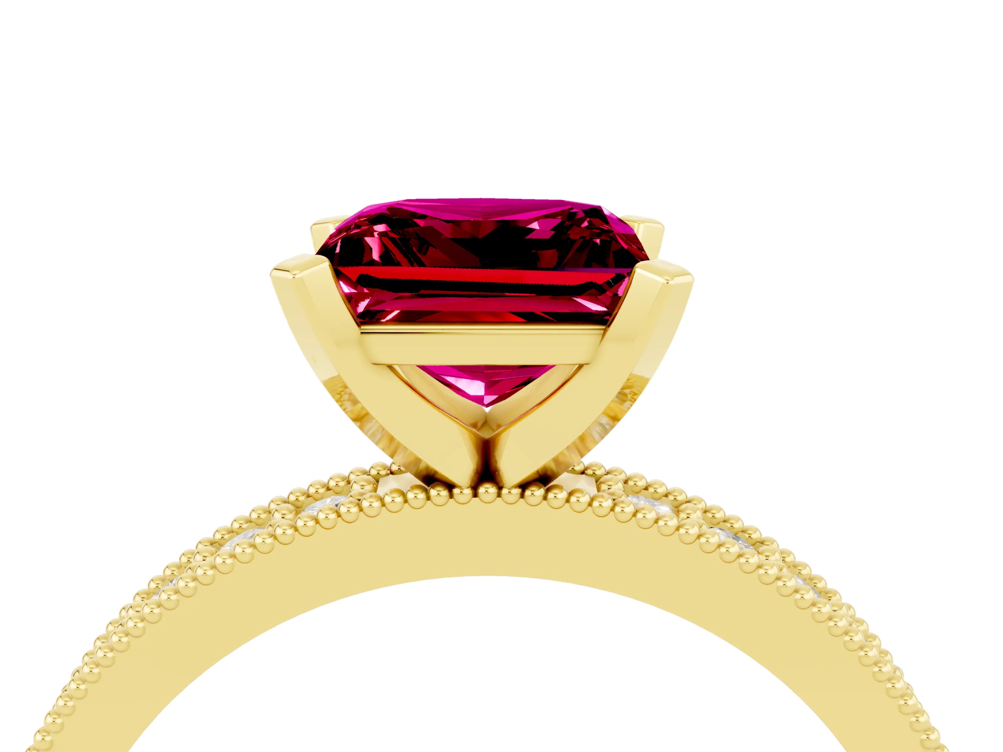 Yellow gold Princess Cut Garnet Milgrain Pavé Engagement Ring with Four-Prong Setting_16