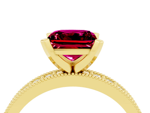 Yellow gold Princess Cut Garnet Milgrain Pavé Engagement Ring with Four-Prong Setting_16