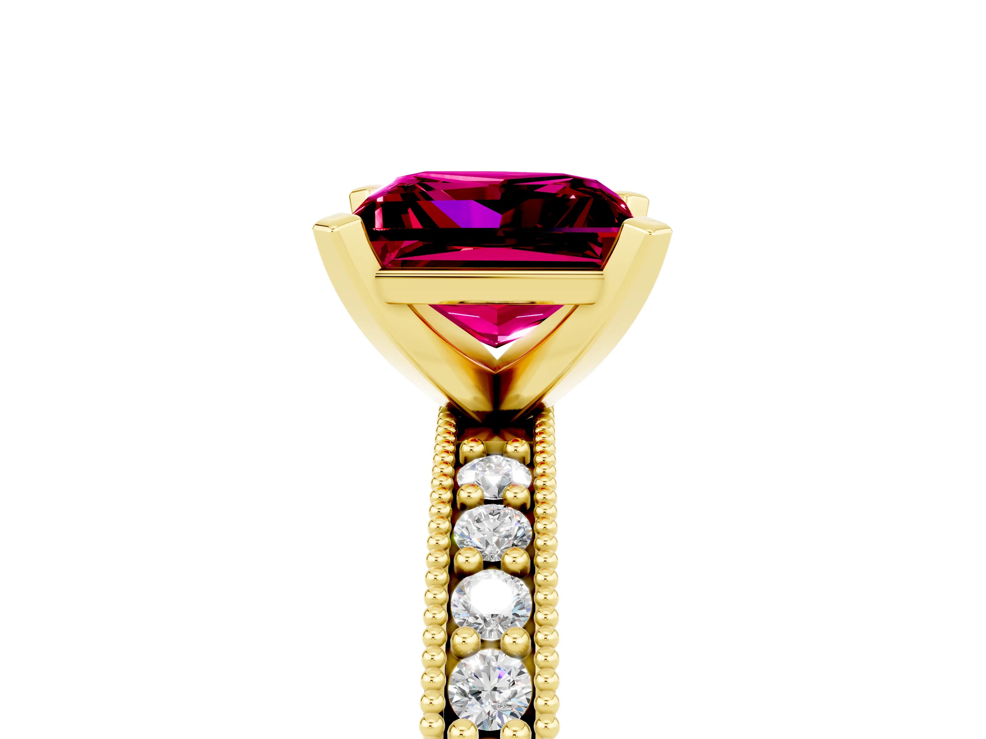 Yellow gold Princess Cut Garnet Milgrain Pavé Engagement Ring with Four-Prong Setting_17