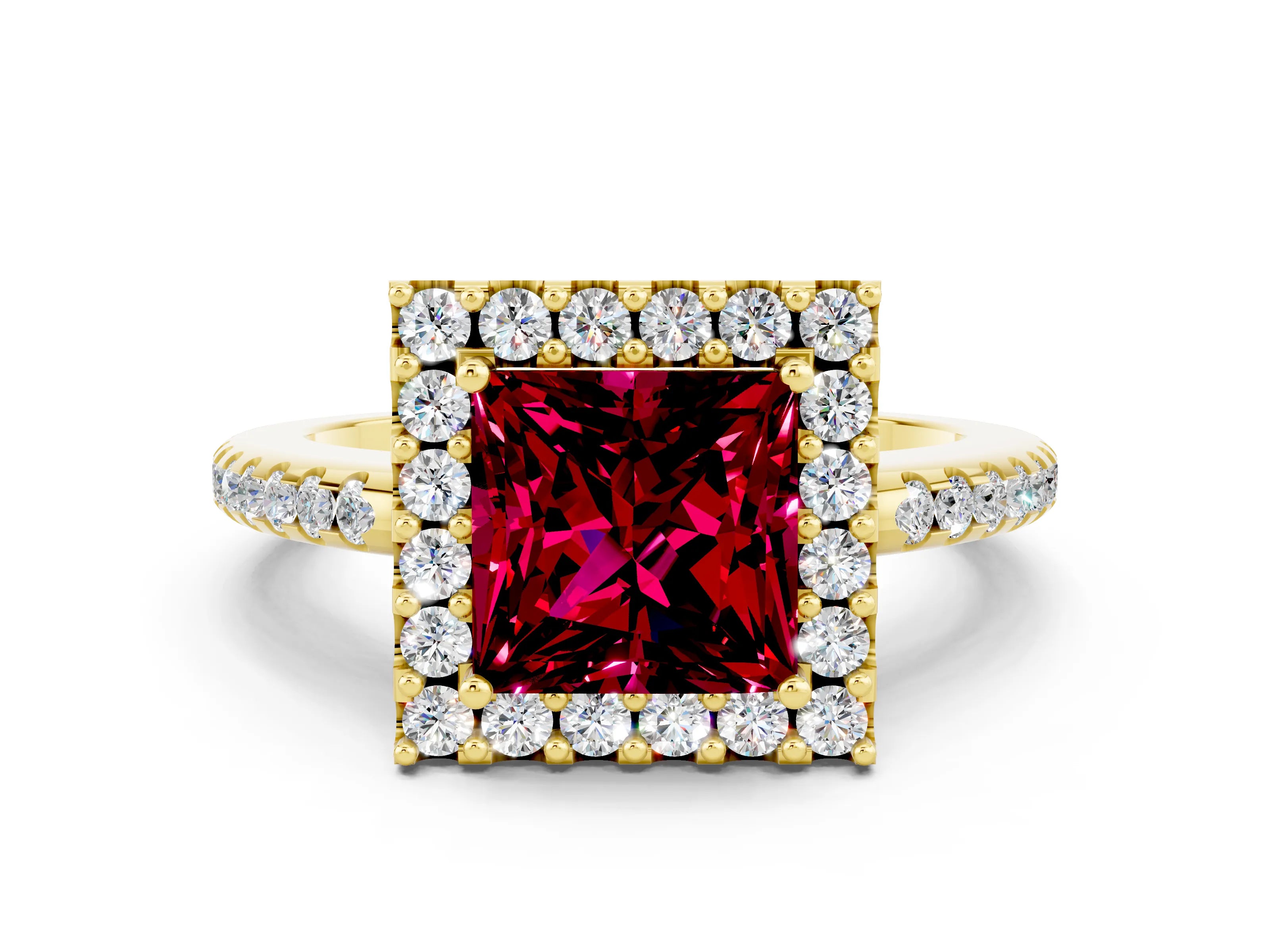 Yellow gold Princess Cut Garnet Pavé Halo Ring with Four-Prong Setting_12