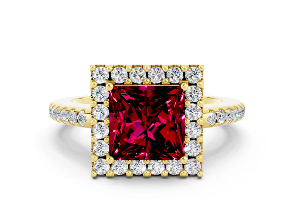 Yellow gold Princess Cut Garnet Pavé Halo Ring with Four-Prong Setting