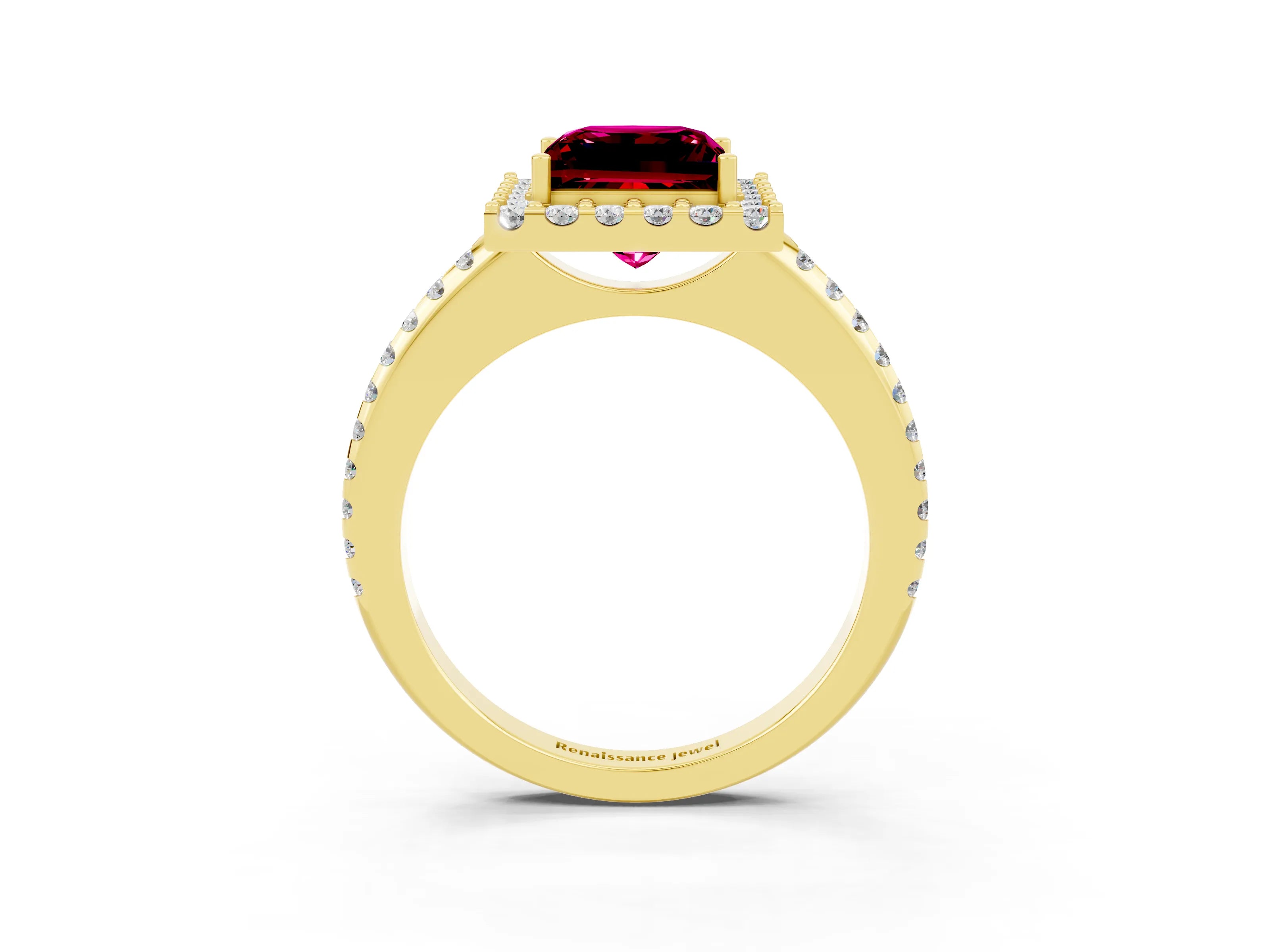 Yellow gold Princess Cut Garnet Pavé Halo Ring with Four-Prong Setting_15