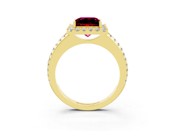 Yellow gold Princess Cut Garnet Pavé Halo Ring with Four-Prong Setting