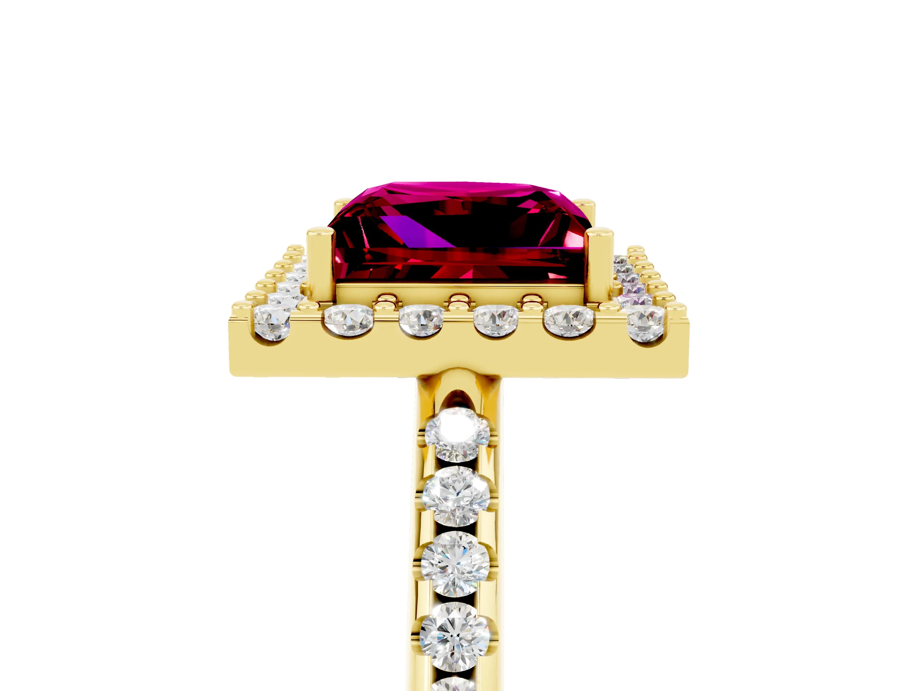 Yellow gold Princess Cut Garnet Pavé Halo Ring with Four-Prong Setting_17