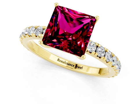 Yellow gold Princess Cut Garnet Pavé Solitaire Engagement Ring with Four-Prong Setting_13