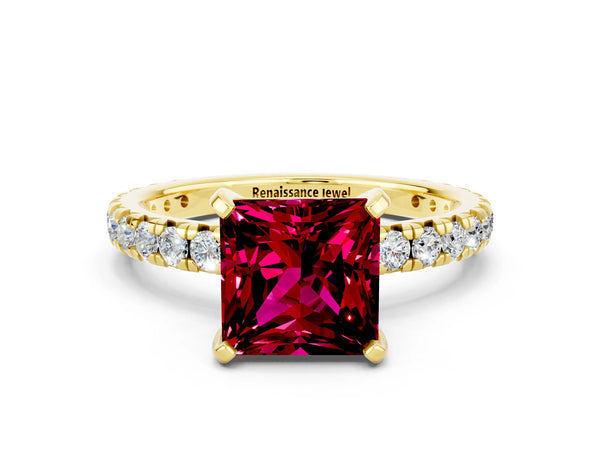Yellow gold Princess Cut Garnet Pavé Solitaire Ring with Round Band and Prong Setting