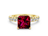 Yellow gold Princess Cut Garnet Pavé Solitaire Ring with Round Band and Prong Setting_24