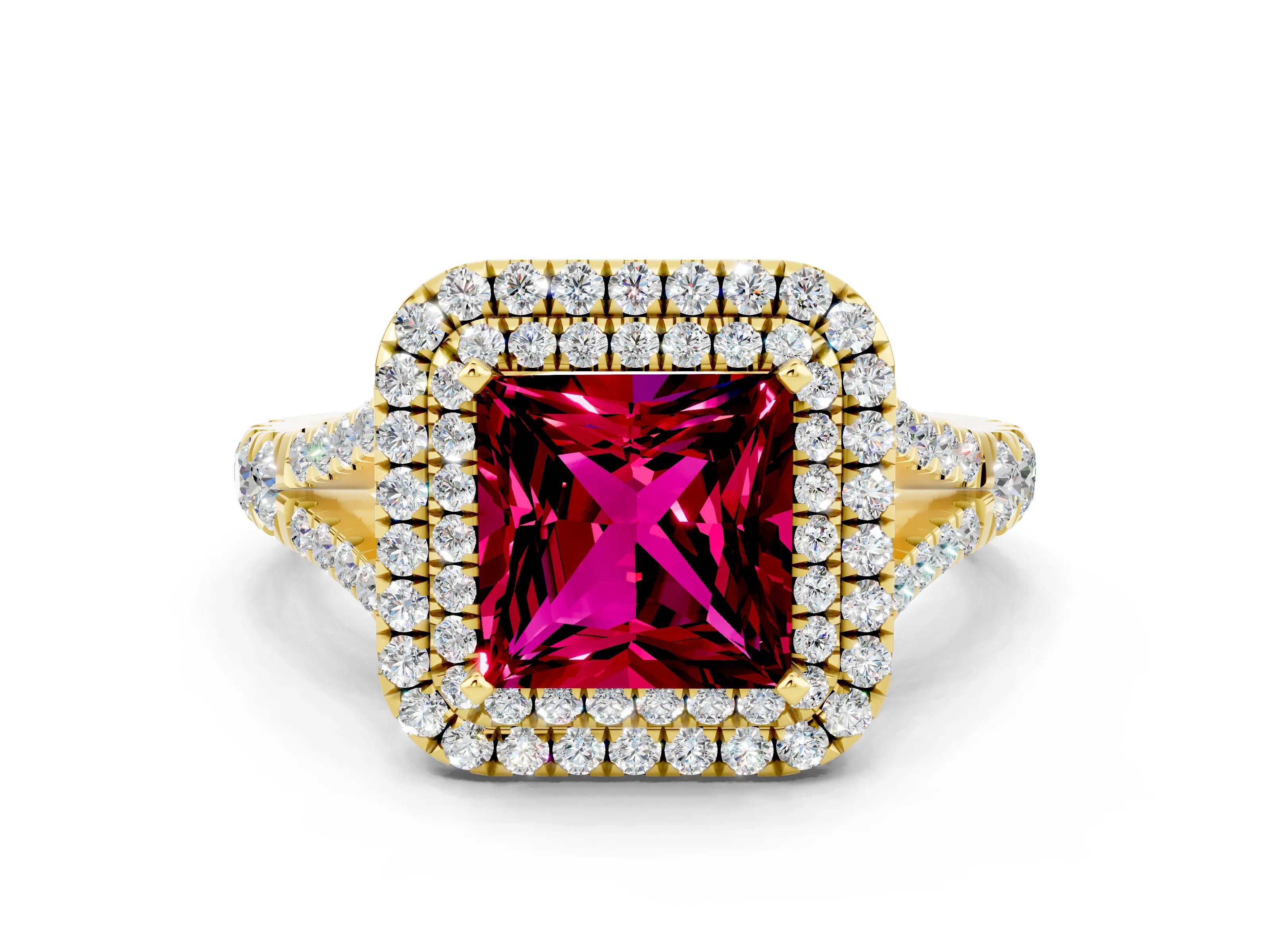 Yellow gold Princess Cut Garnet Pavé Split Shank Double Halo Engagement Ring