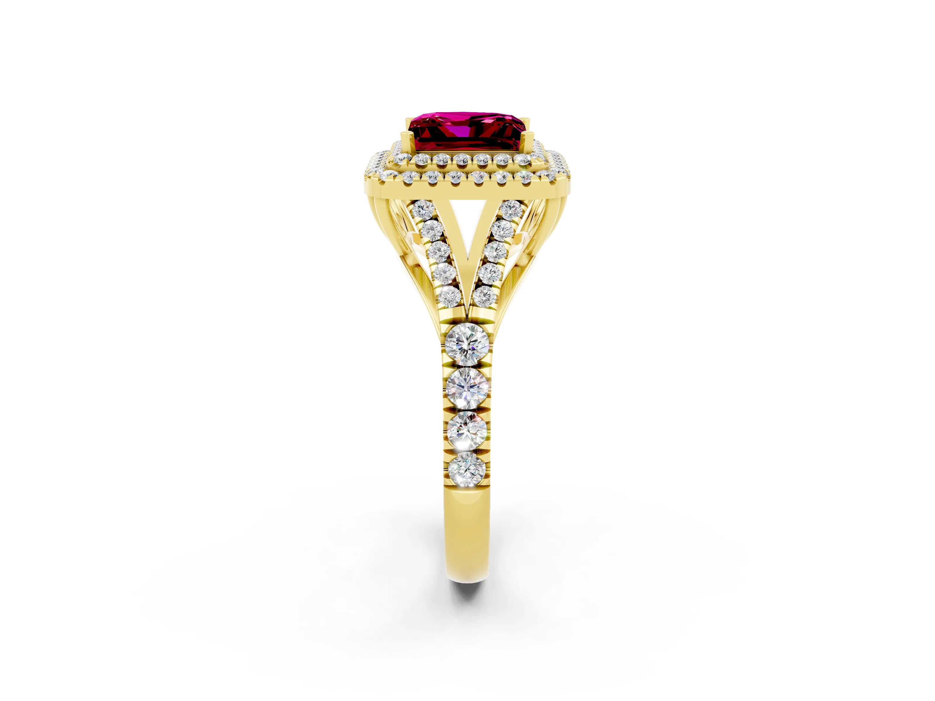 Yellow gold Princess Cut Garnet Pavé Split Shank Double Halo Engagement Ring_2