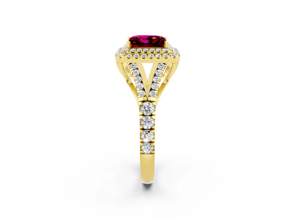 Yellow gold Princess Cut Garnet Pavé Split Shank Double Halo Engagement Ring