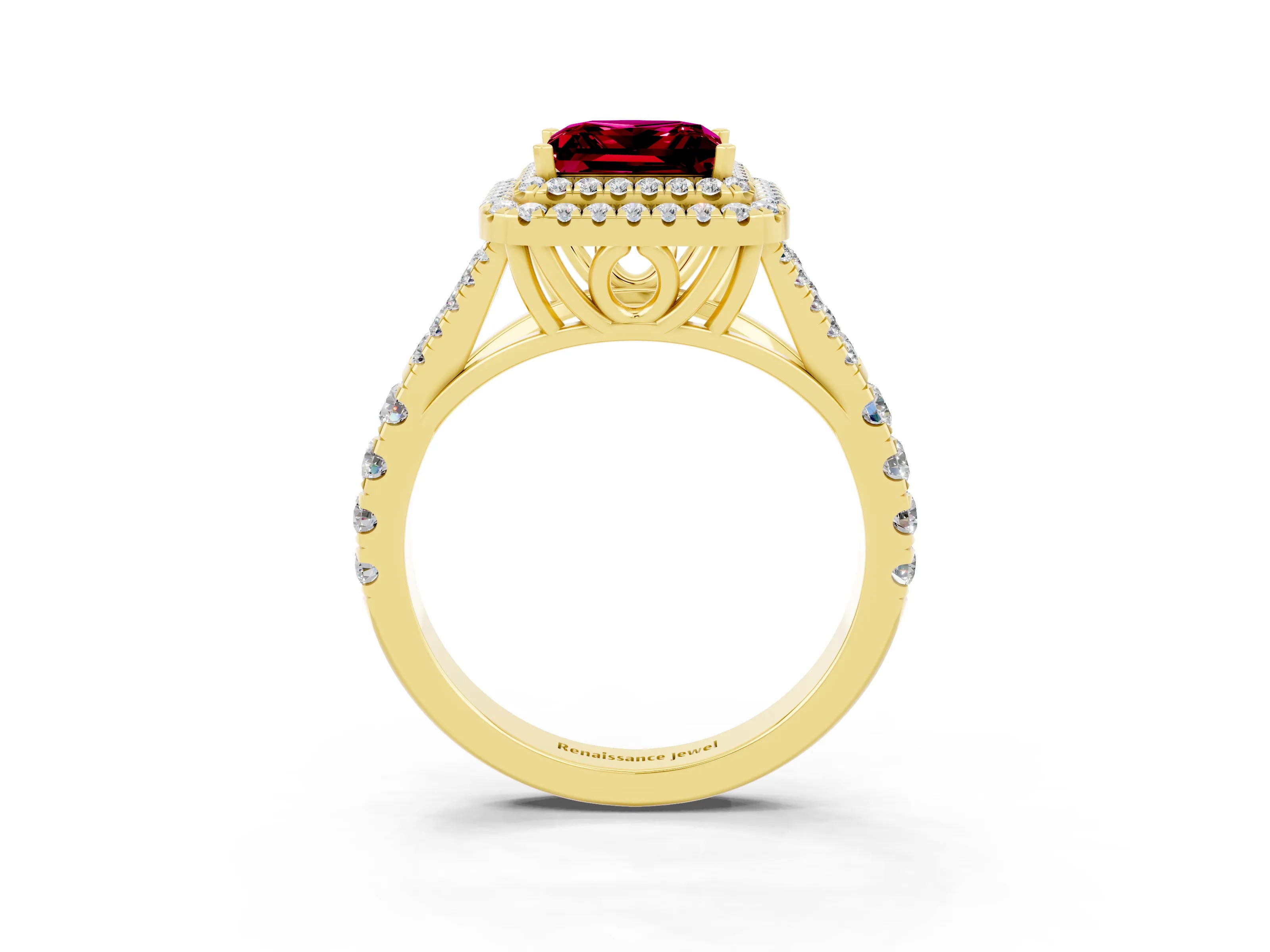 Yellow gold Princess Cut Garnet Pavé Split Shank Double Halo Engagement Ring_3