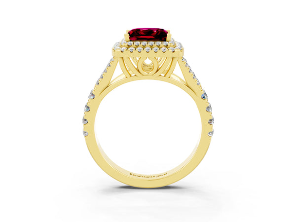 Yellow gold Princess Cut Garnet Pavé Split Shank Double Halo Engagement Ring