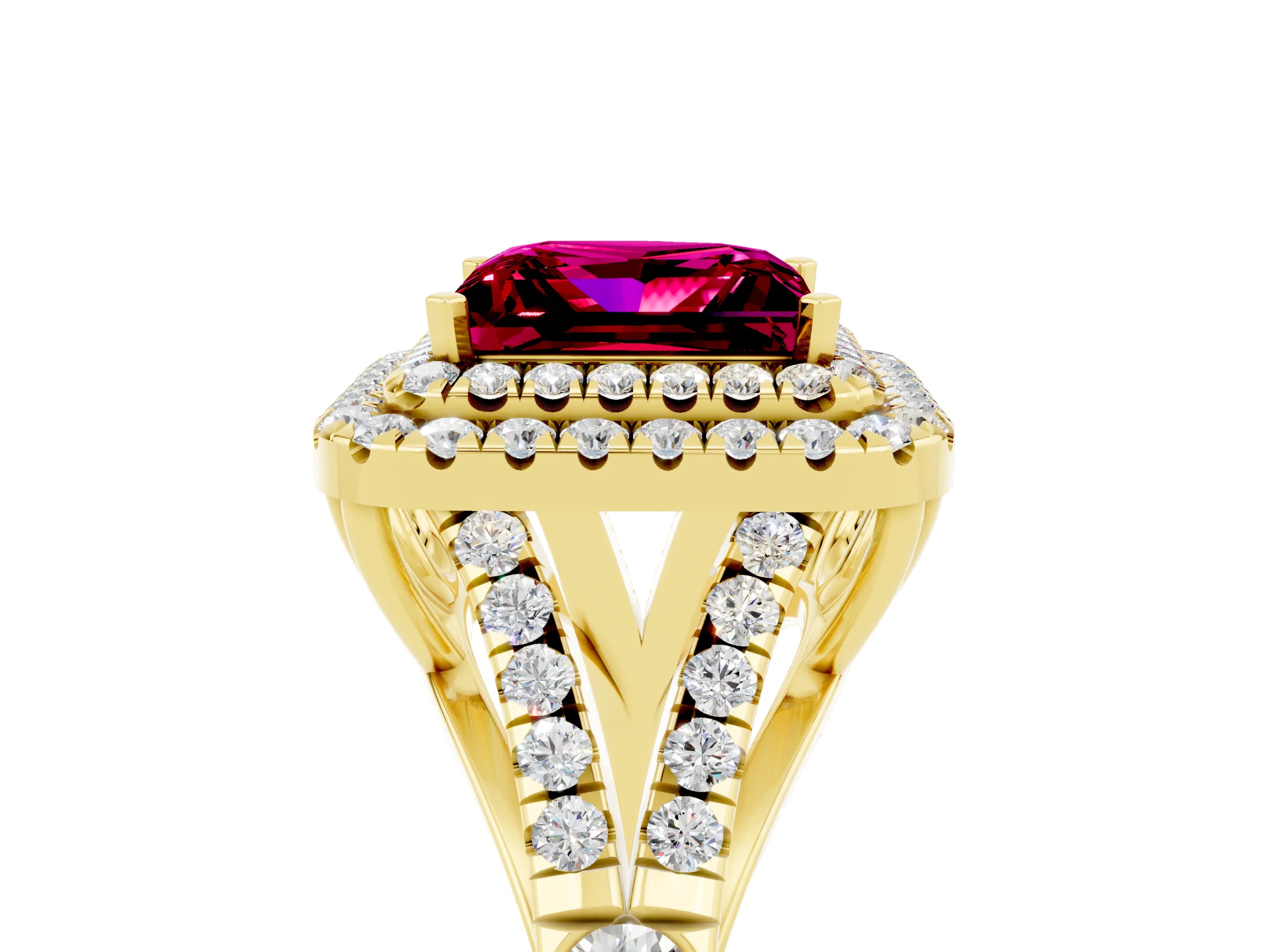 Yellow gold Princess Cut Garnet Pavé Split Shank Double Halo Engagement Ring_5