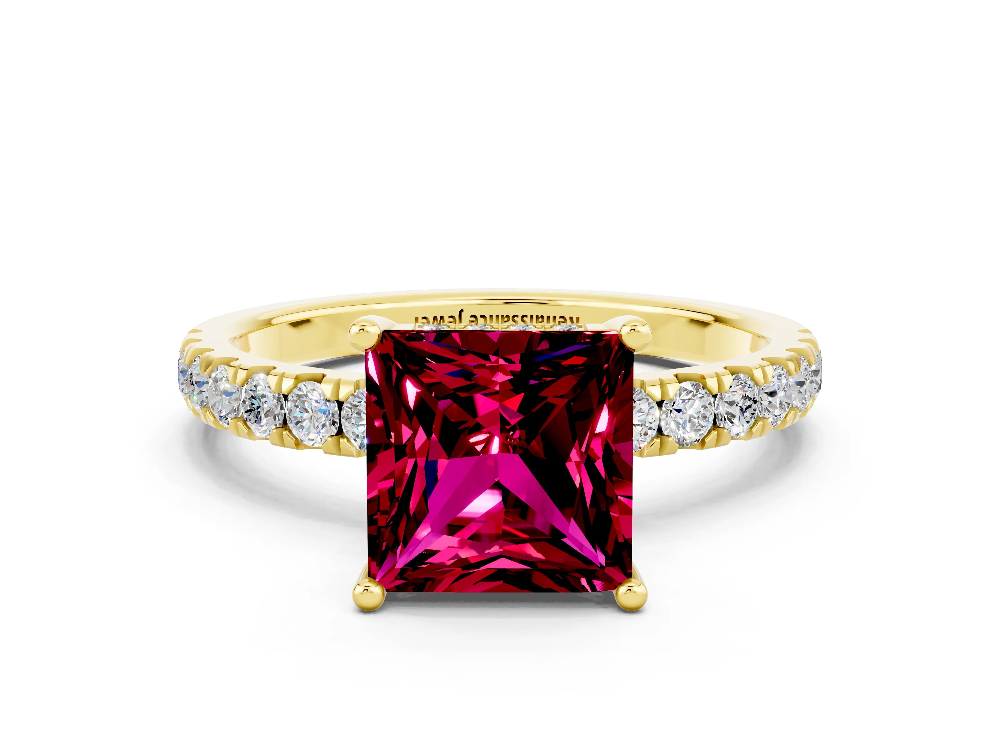 Yellow gold Princess Cut Garnet Pave Band Solitaire Ring with Four-Prong Setting_24