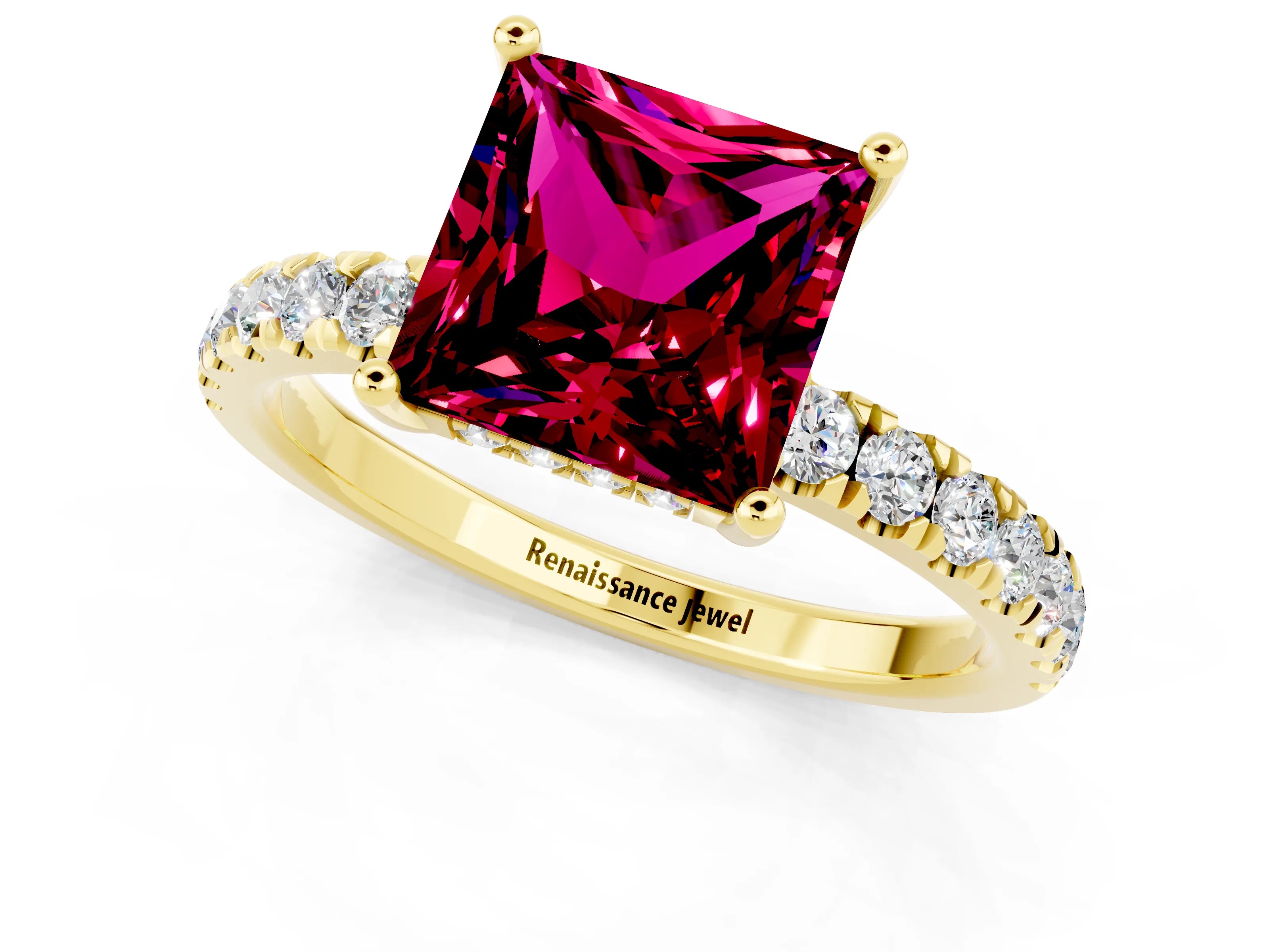 Yellow gold Princess Cut Garnet Pave Band Solitaire Ring with Four-Prong Setting_25