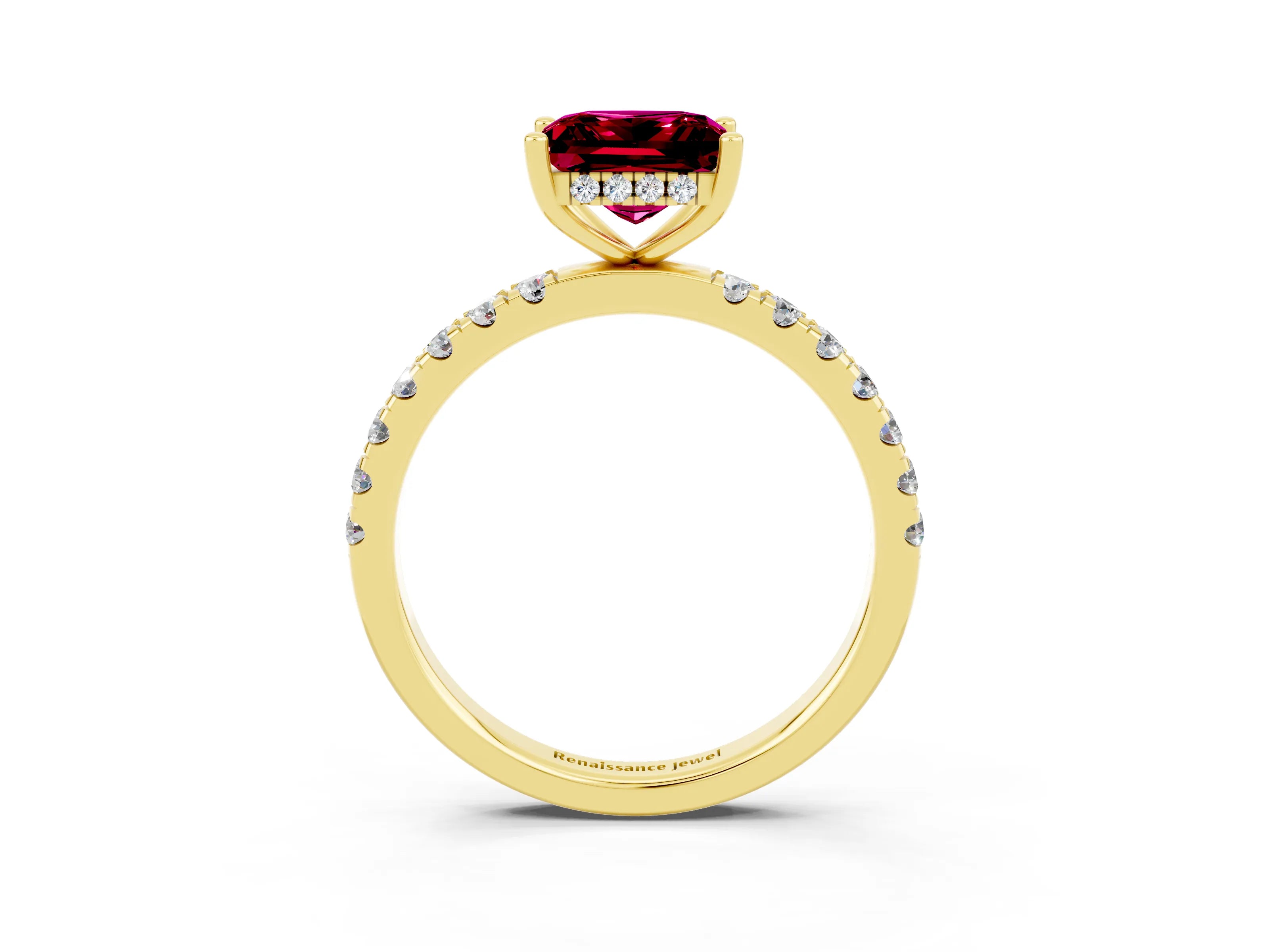 Yellow gold Princess Cut Garnet Pave Band Solitaire Ring with Four-Prong Setting_27