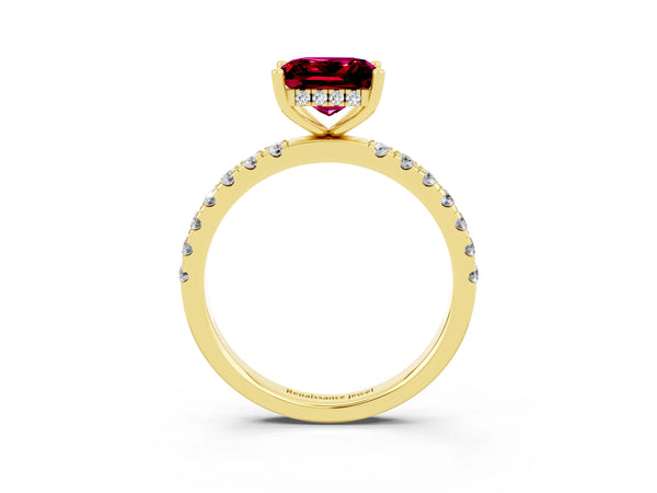 Yellow gold Princess Cut Garnet Pave Band Solitaire Ring with Round  and Prong Setting