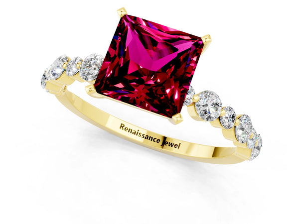 Yellow gold Princess Cut Garnet Prong Set Engagement Ring with Pavé Band