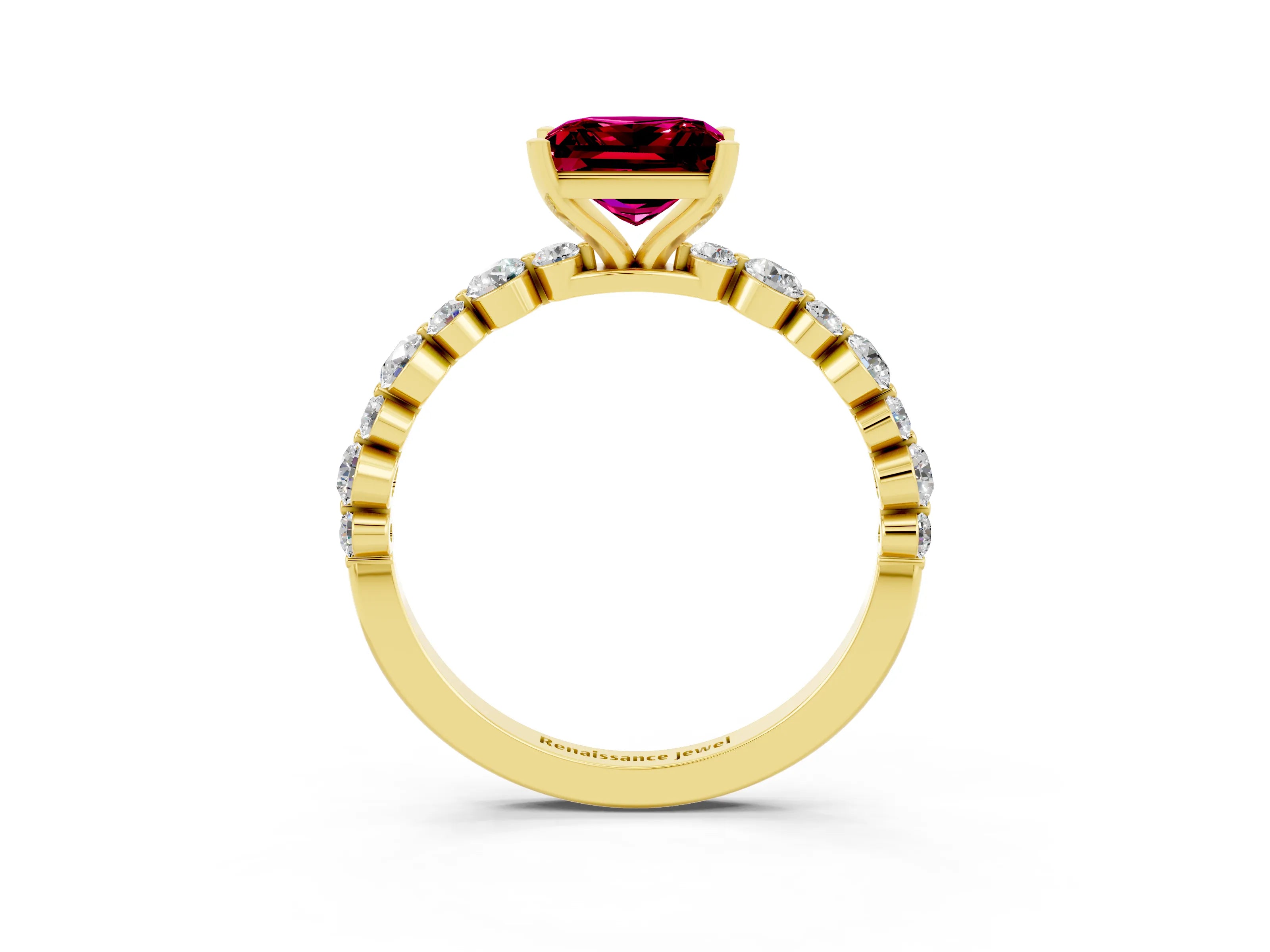 Yellow gold Princess Cut Garnet Prong Set Engagement Ring with Pavé Band_3