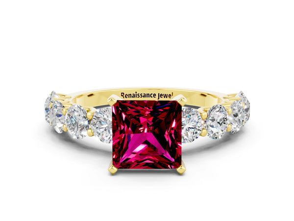 Yellow gold Princess Cut Garnet Prong Setting with Side Stones on a Pave Band