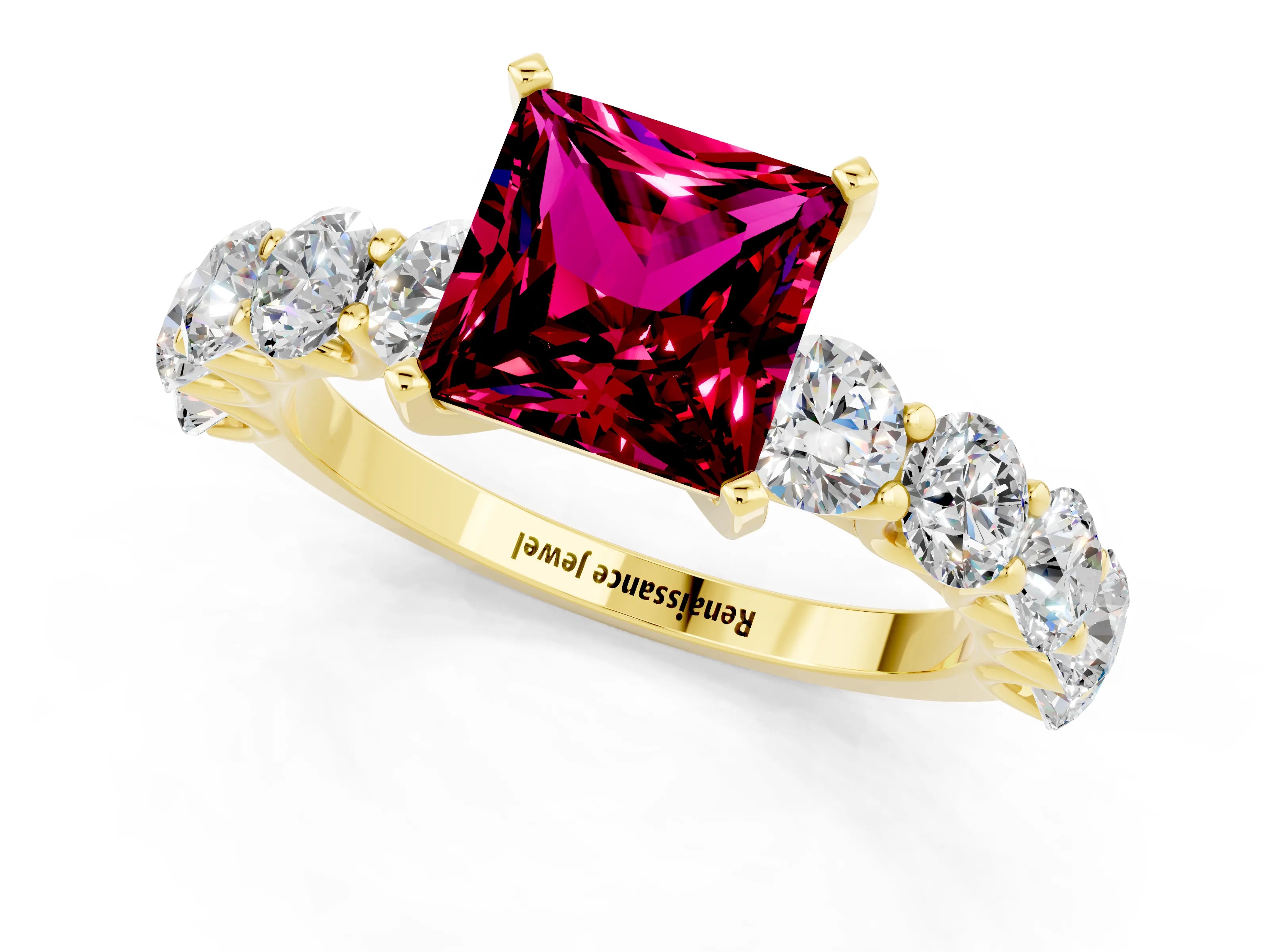 Yellow gold Princess Cut Garnet Prong Setting with Side Stones on a Pave Band_1