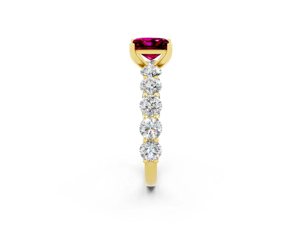 Yellow gold Princess Cut Garnet Prong Setting with Side Stones on a Pave Band