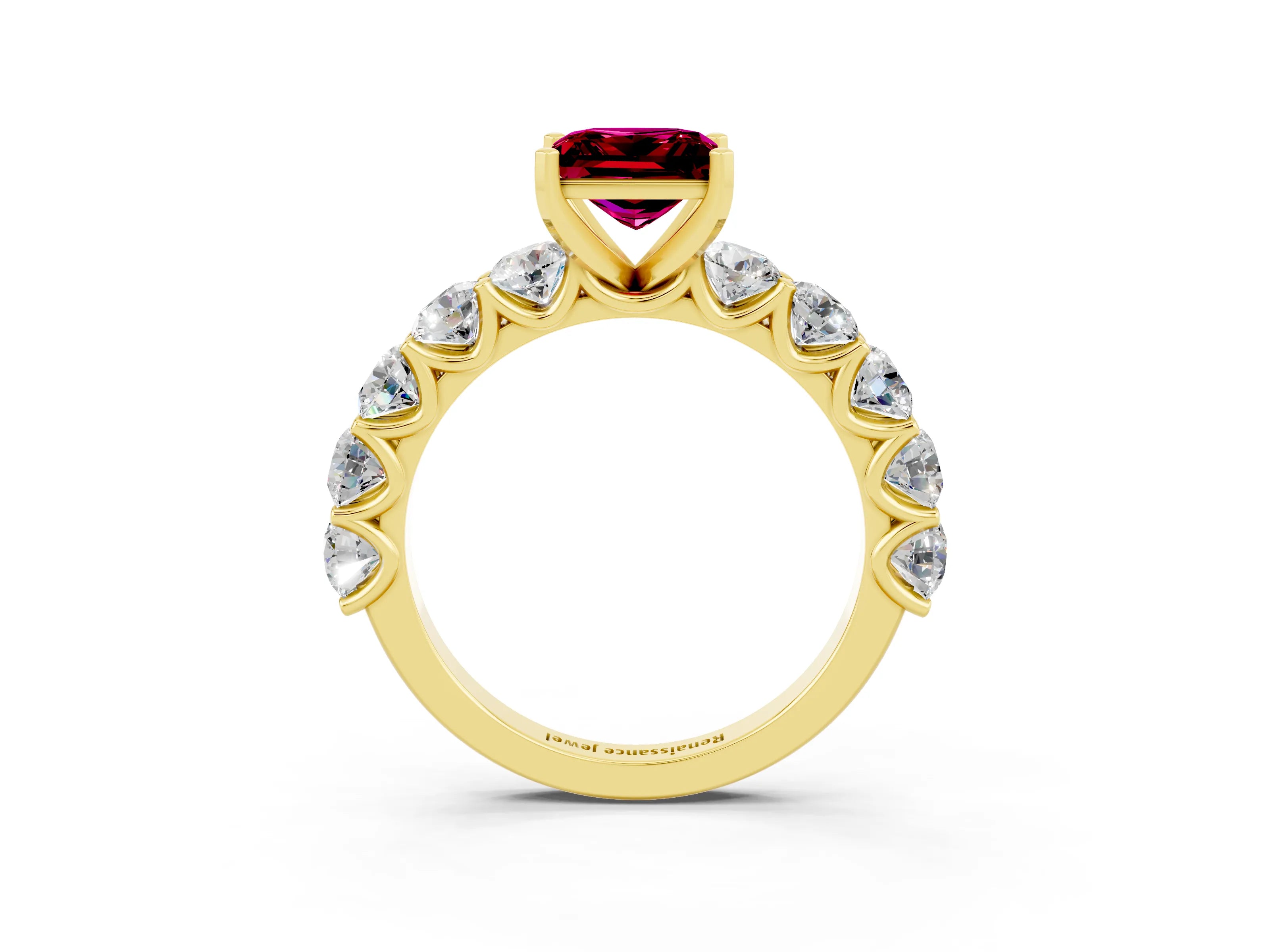 Yellow gold Princess Cut Garnet Prong Setting with Side Stones on a Pave Band_3