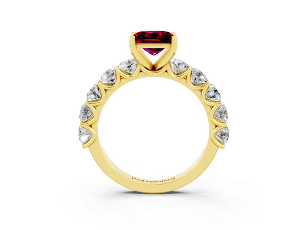Yellow gold Princess Cut Garnet Prong Setting with Side Stones on a Pave Band