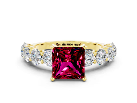 Yellow gold Princess Cut Garnet Prong Setting with Side Stones on a Pave Band