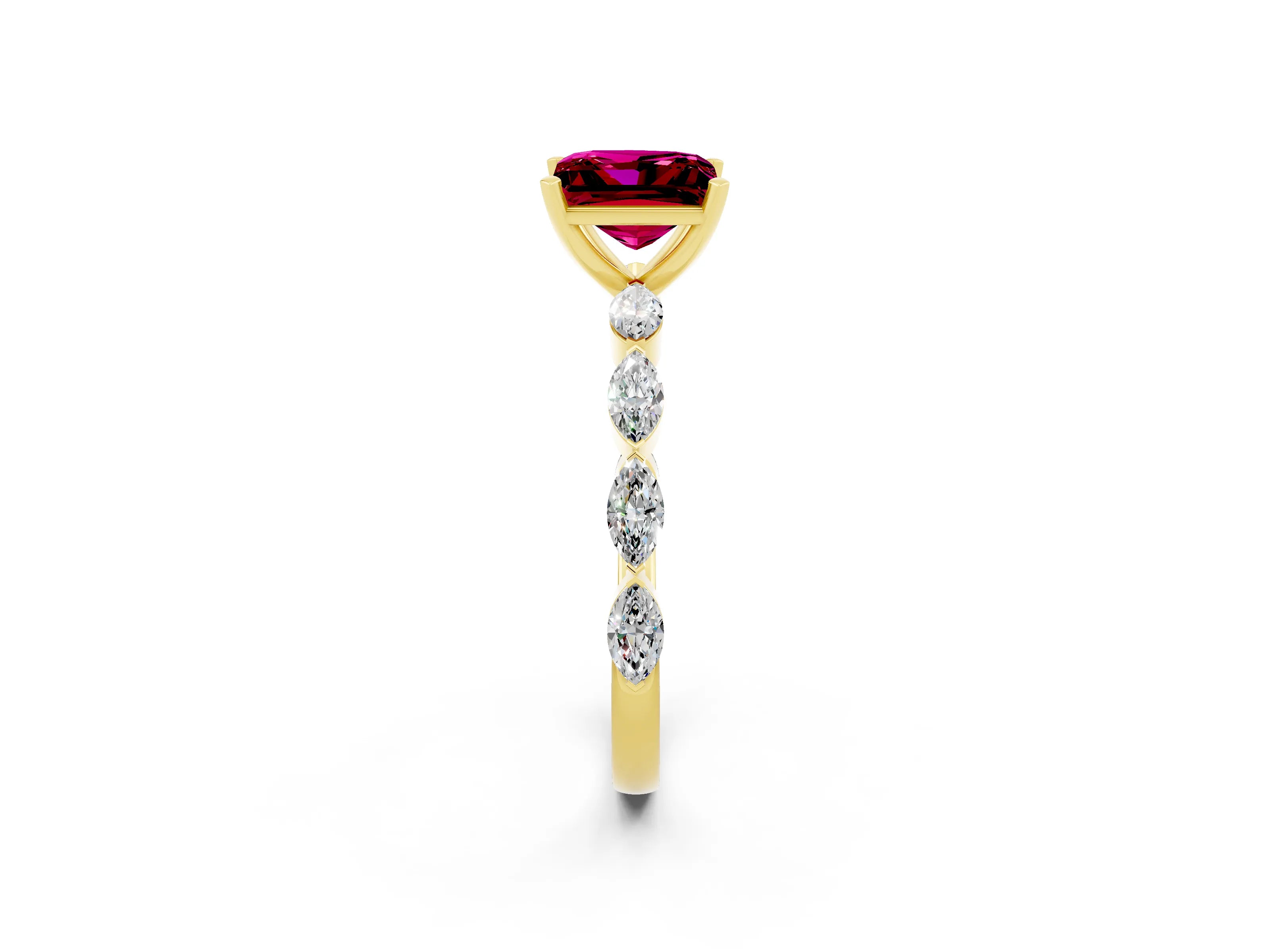 Yellow gold Princess Cut Garnet Ring with Marquise Side Stones and Prong Setting_2