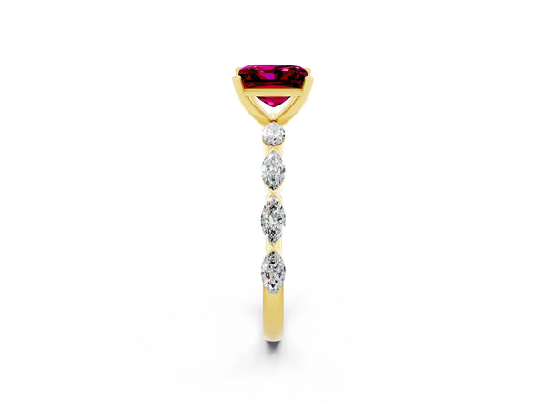 Yellow gold Princess Cut Garnet Ring with Marquise Side Stones and Prong Setting